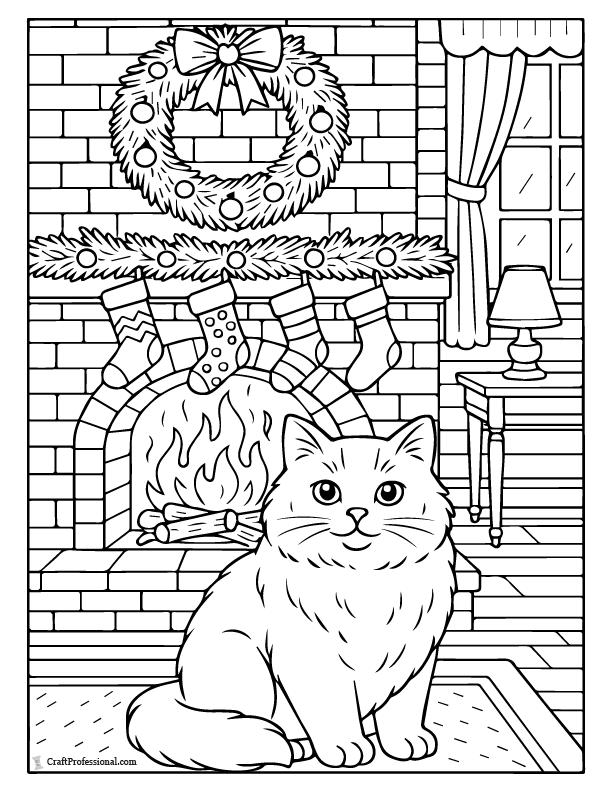 Cat in front of a cozy fireplace decorated for Christmas, coloring page.