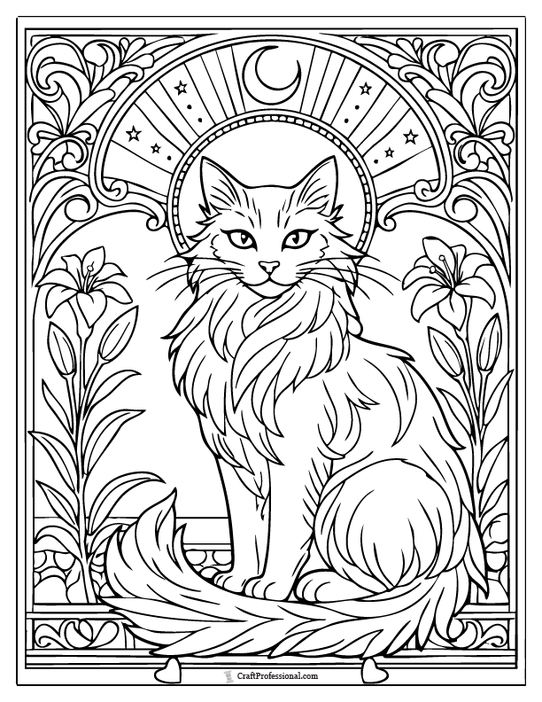 Art nouveau cat poster coloring page, detailed printable.