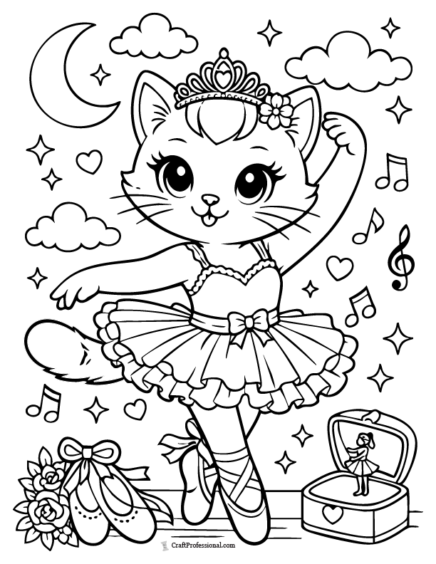 Ballerina cat coloring page, cute printable cat coloring sheet.