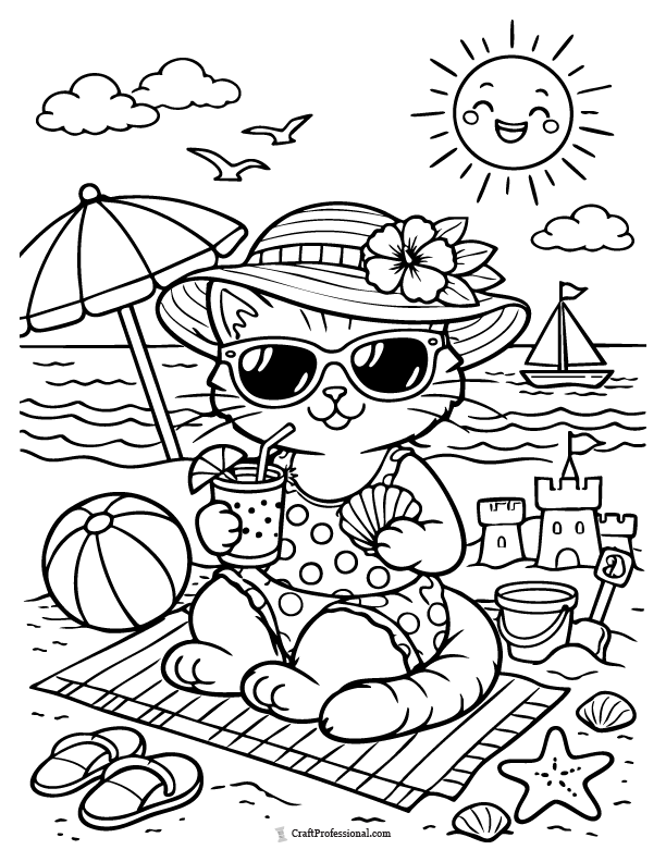 Beach day cat coloring page, summer printable.