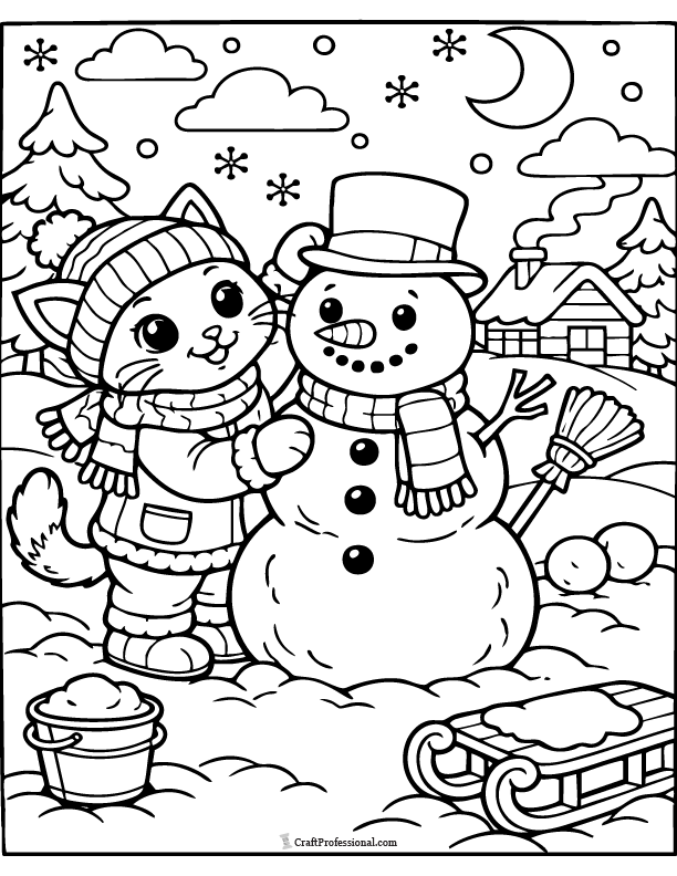 Cat coloring page building a snowman, winter printable.