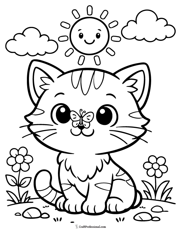 Cat coloring page with a tiny butterfly on its nose, printable.