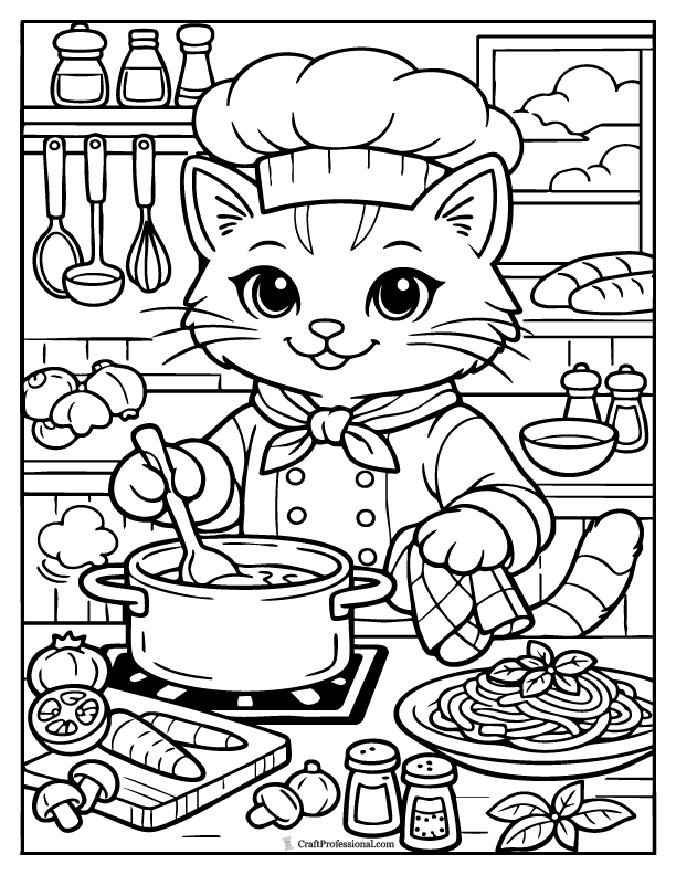 Chef cat coloring page wearing a hat and apron, printable.