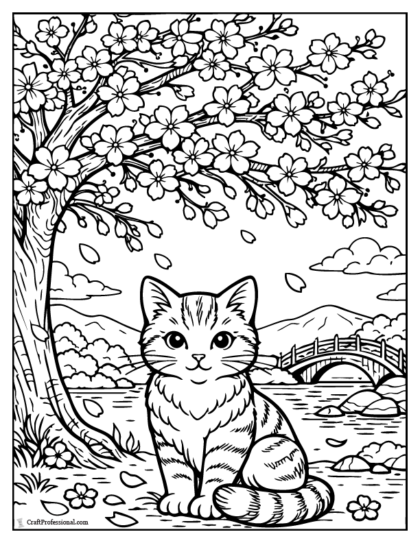 Cat coloring page under a cherry blossom tree, printable.