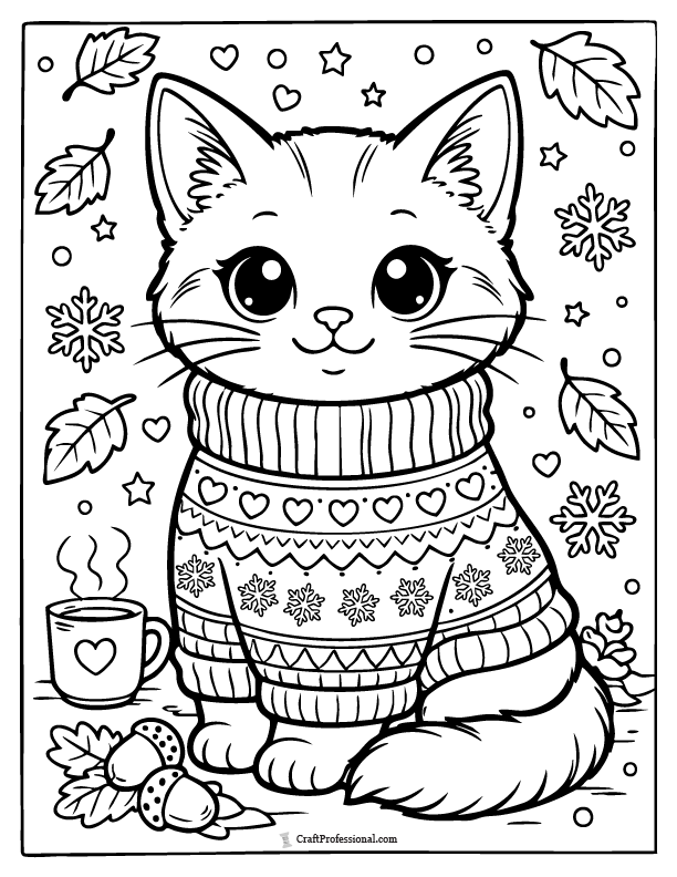 Cozy sweater cat coloring page, fall printable.
