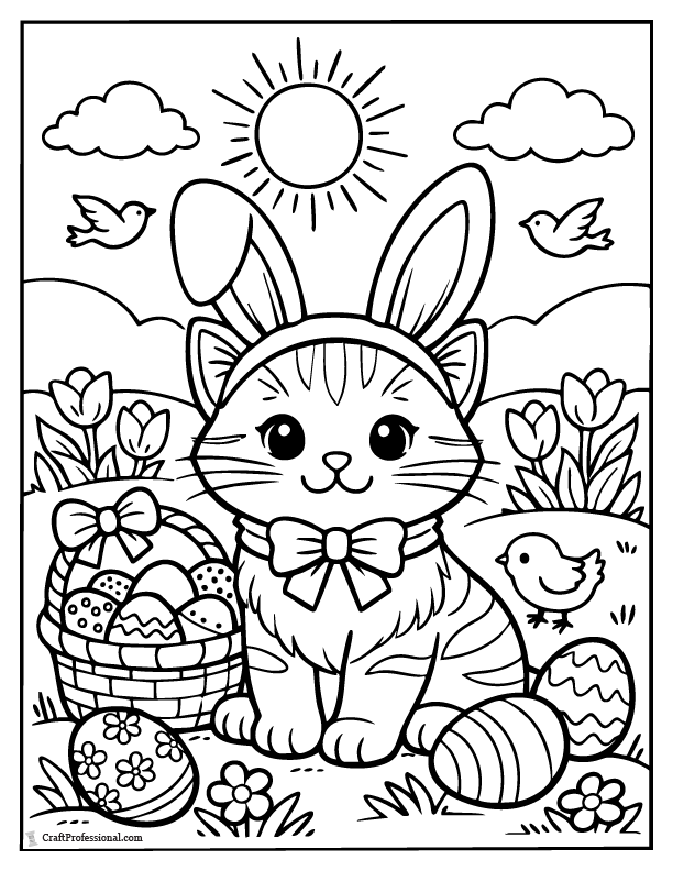 Easter cat coloring page wearing bunny ears, printable.
