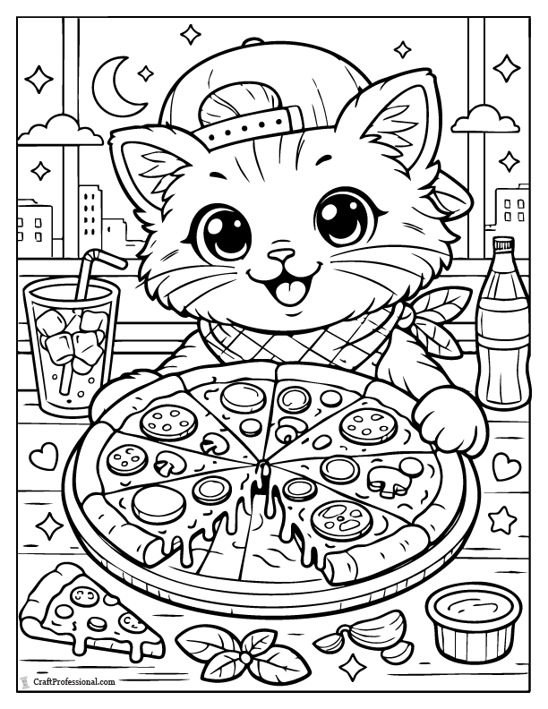 Funny cat coloring page eating pizza, free printable.