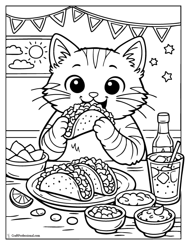 Taco cat coloring page eating tacos, funny printable cat coloring page.