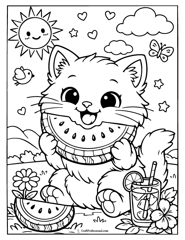 Cat coloring page eating watermelon, summer printable.