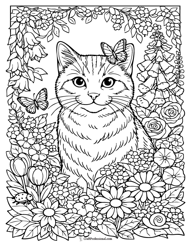 Detailed garden cat coloring page with dense florals, printable.
