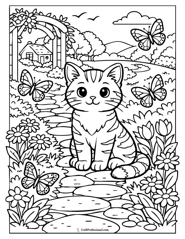 Cat coloring page on a garden path with butterflies, printable.