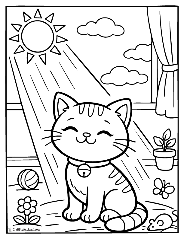 Happy cat coloring page sitting in a sunbeam, printable.