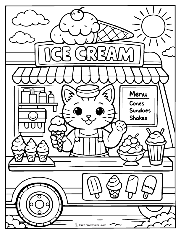 Ice cream truck cat coloring page, summer printable.
