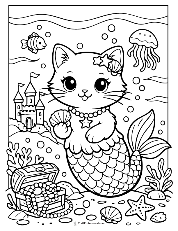 Mermaid cat coloring page, fantasy printable cat coloring sheet.