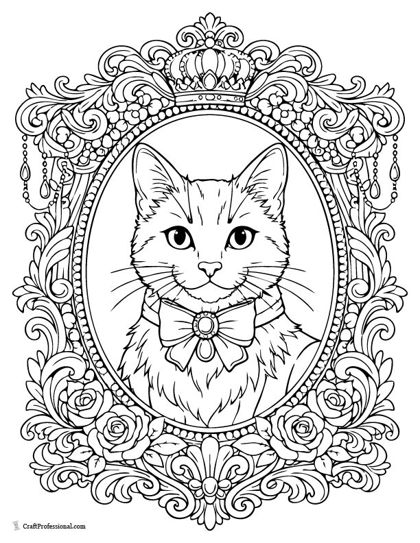 Detailed cat coloring page in an ornate frame, printable.