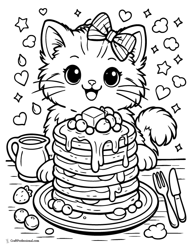 Cat coloring page with a stack of pancakes, printable.