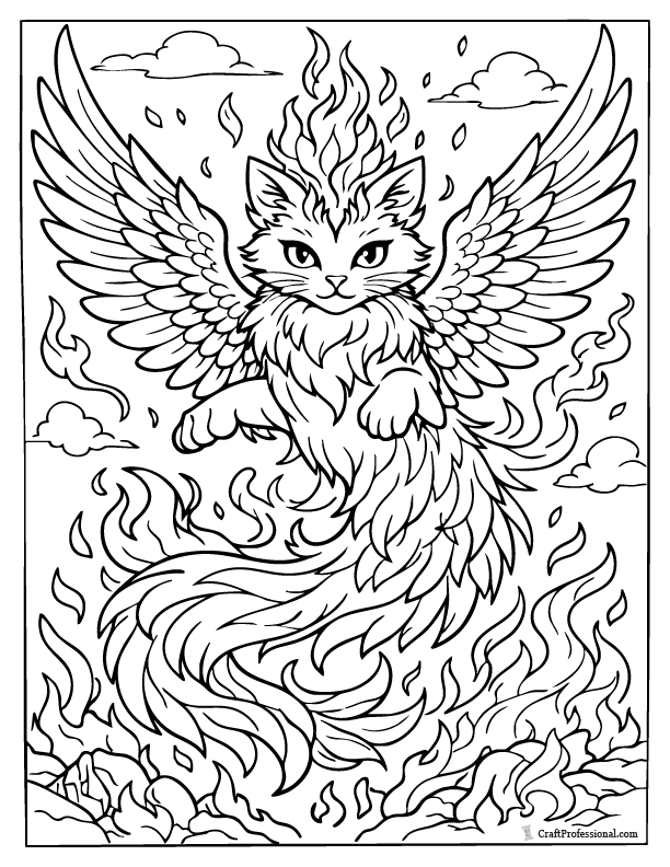 Phoenix fire cat coloring page, fantasy printable cat coloring page.