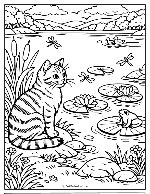 Cat coloring page by a pond with lily pads, printable.