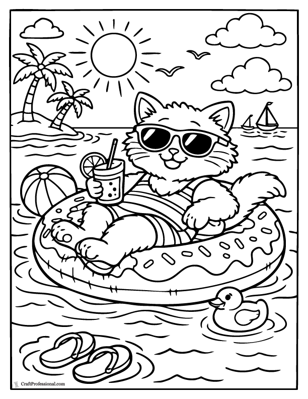 Cat coloring page on a pool float at a tropical beach, printable.