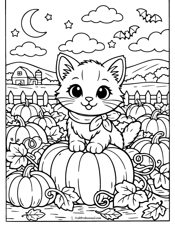 Pumpkin patch cat coloring page, fall printable.