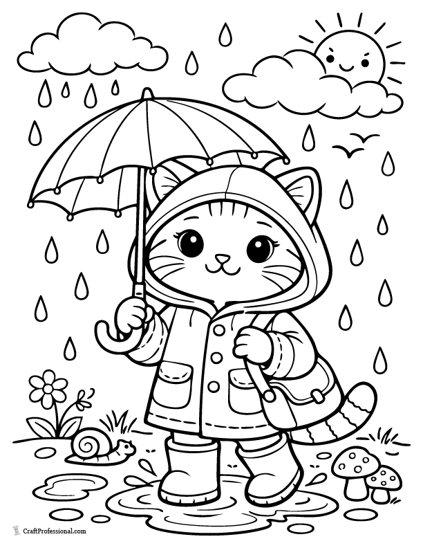 Cat coloring page wearing a raincoat and holding an umbrella, printable.