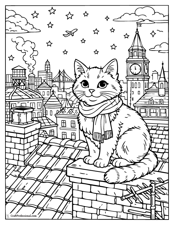 Detailed cat coloring page on a rooftop with a cityscape background, printable.