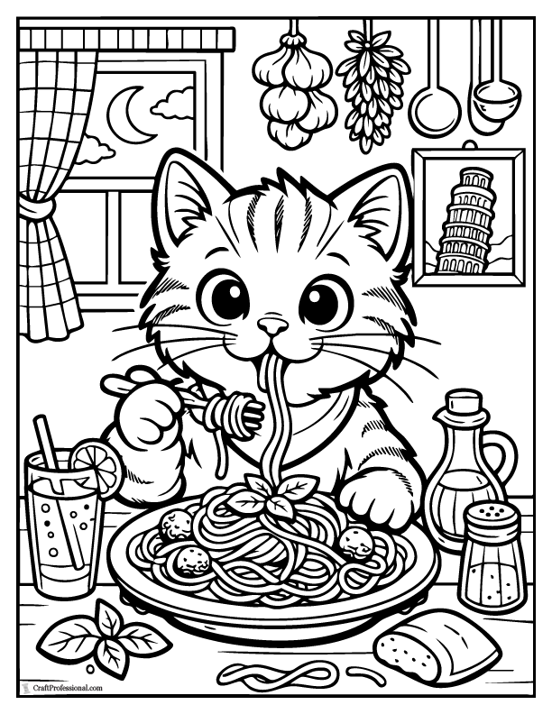Silly cat coloring page slurping spaghetti, printable.