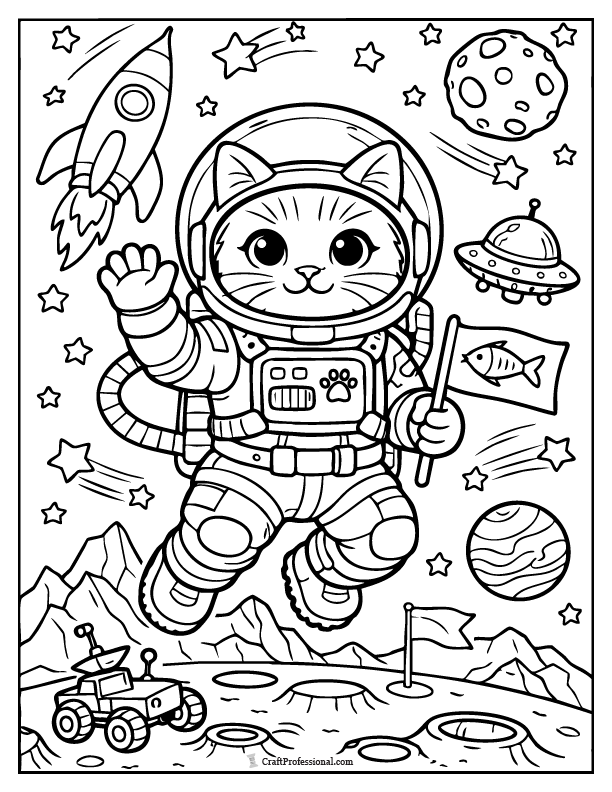 Space astronaut cat coloring page, printable.