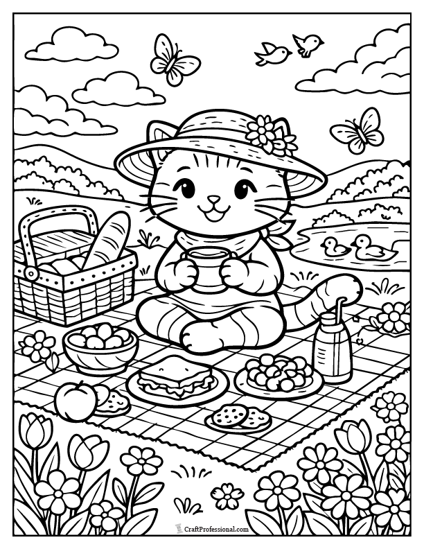 Spring picnic cat coloring page, printable.
