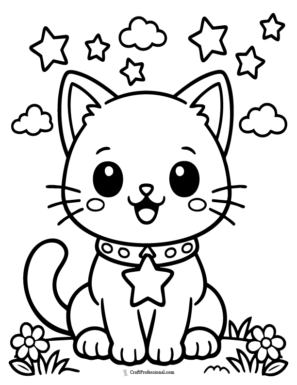 Cat coloring page wearing a star collar, printable.