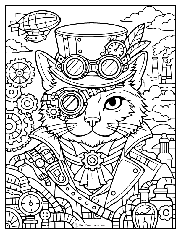 Steampunk cat portrait coloring page with gears and goggles, printable.
