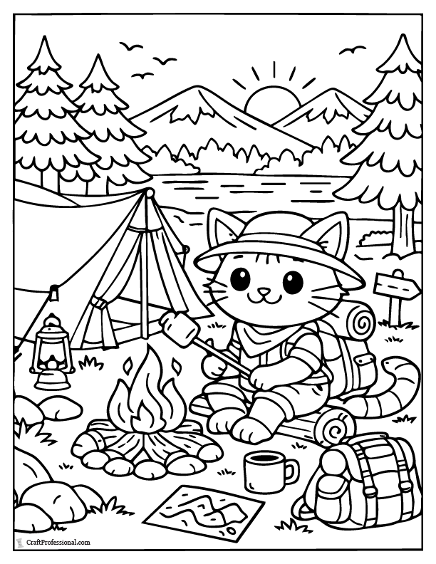 Camping cat coloring page with tent and stars, printable.