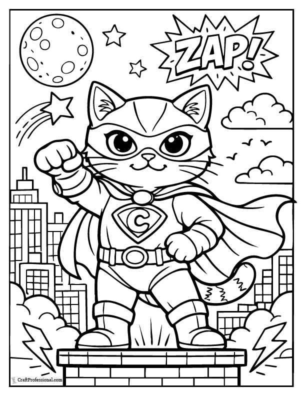 Superhero cat coloring page wearing a cape and mask, printable.