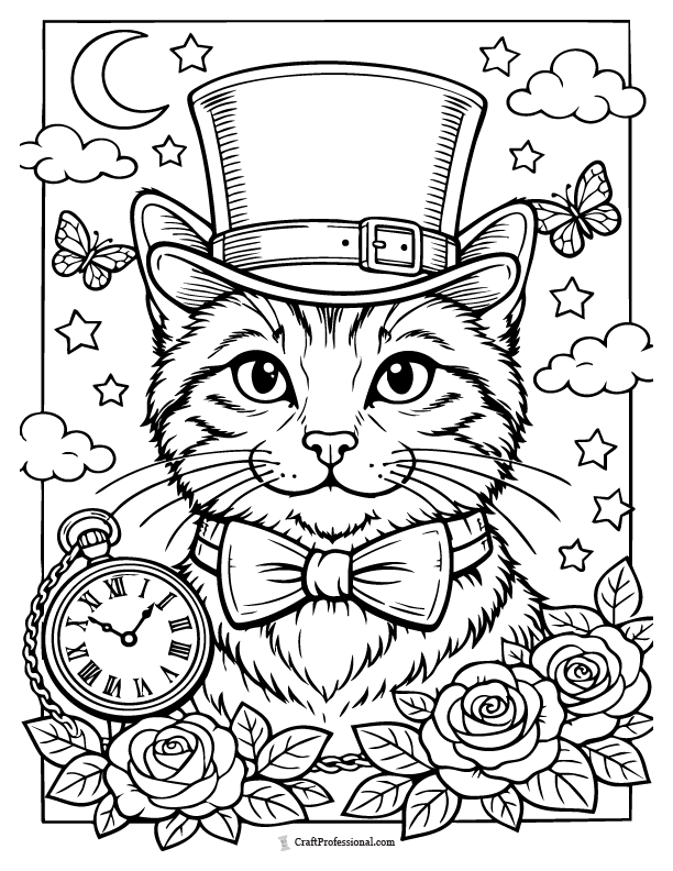 Cat coloring page in a top hat and bow tie, printable.