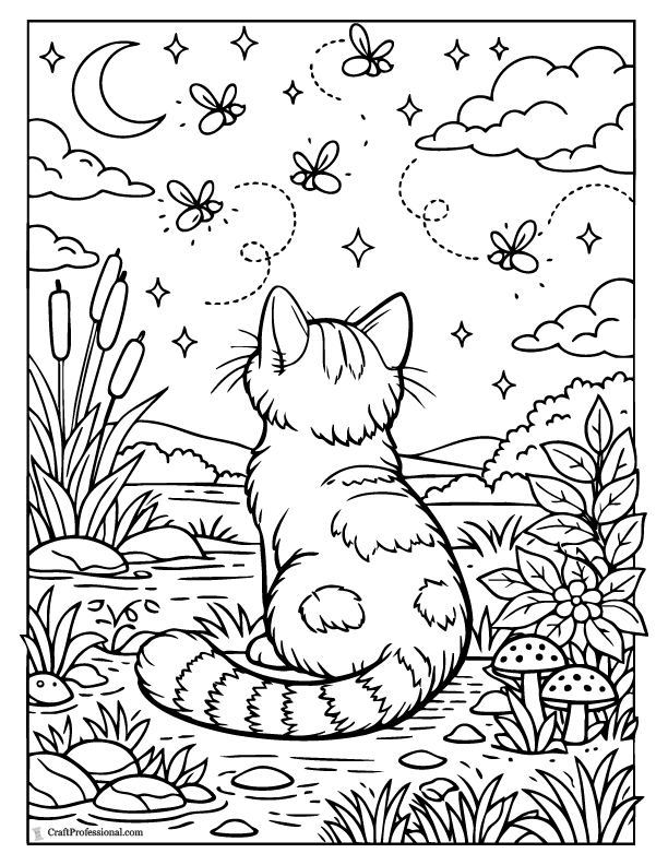 Cat coloring page watching fireflies at night, printable.
