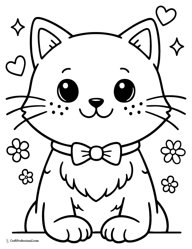 Cute cat face coloring page with whiskers and freckles, printable.