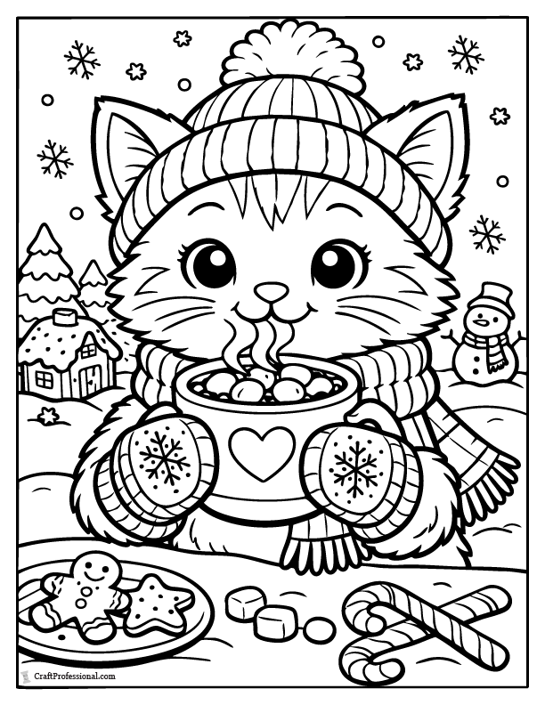 Winter cat coloring page wearing mittens and drinking hot cocoa, printable.
