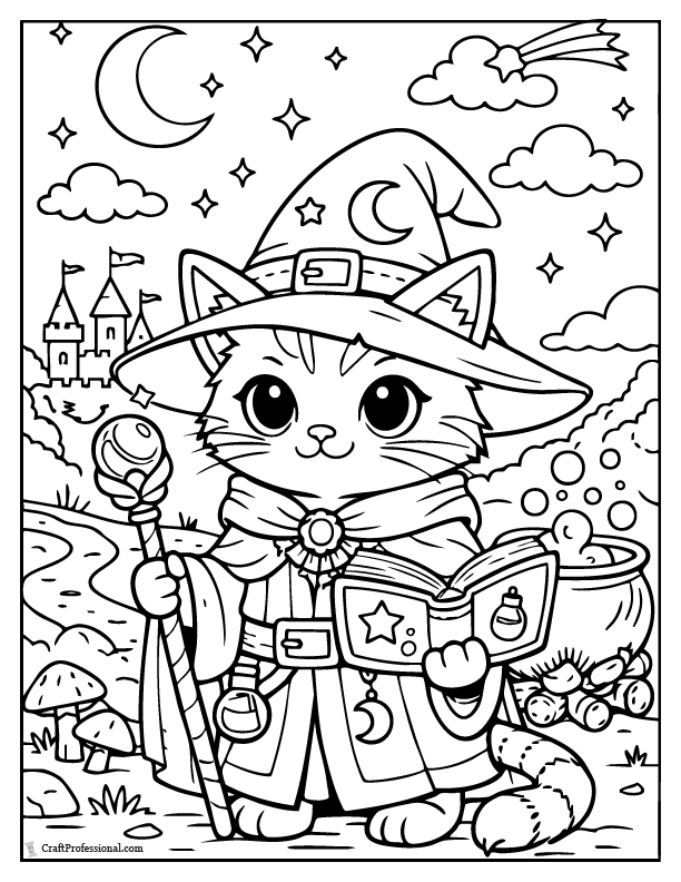 Wizard cat coloring page with a magic hat and wand, printable.