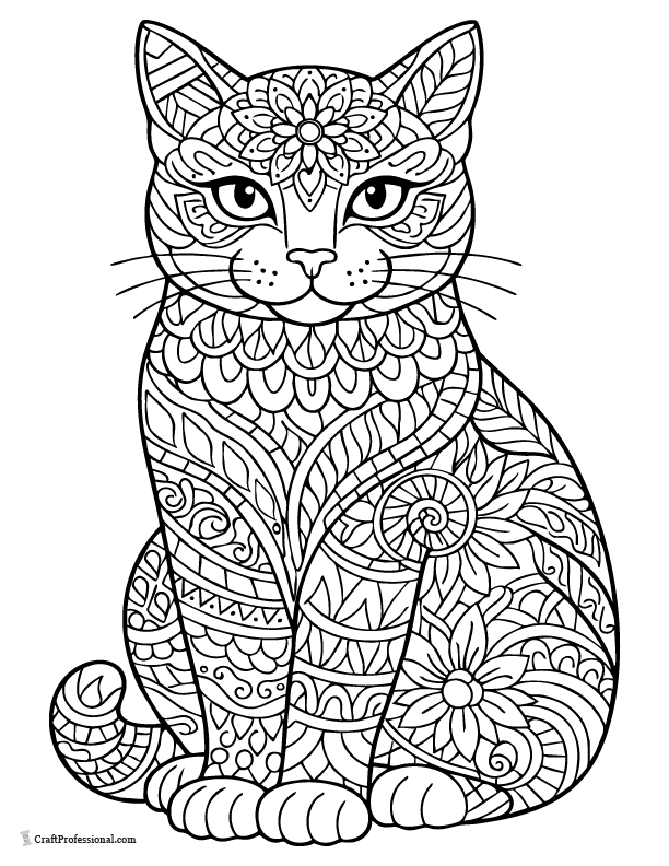 Zentangle cat silhouette coloring page, detailed printable for adults.