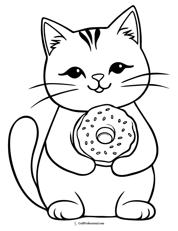 Cat holding a donut coloring page