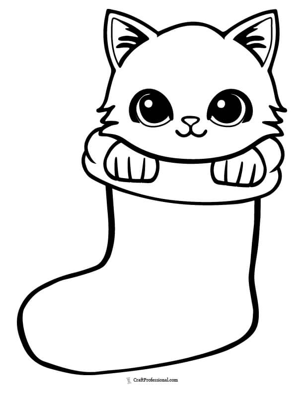 Cute cat in Christmas stocking coloring page