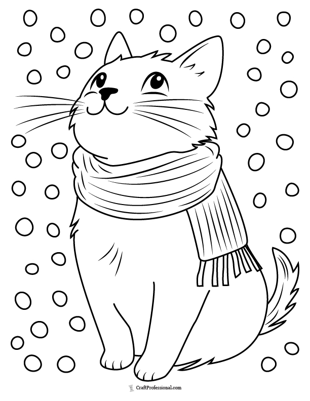 Cat wearing a scarf with falling snow coloring page