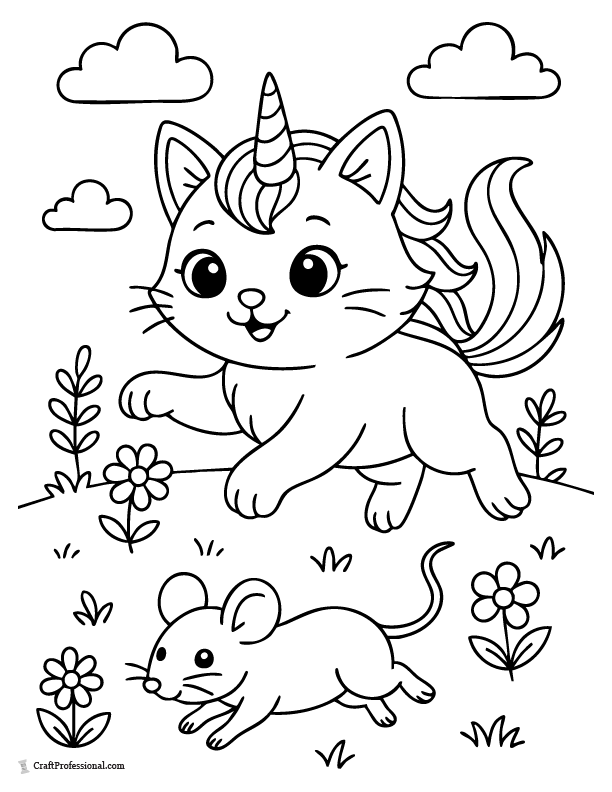 Unicorn kitty coloring page chasing a mouse with flowing tail in motion.