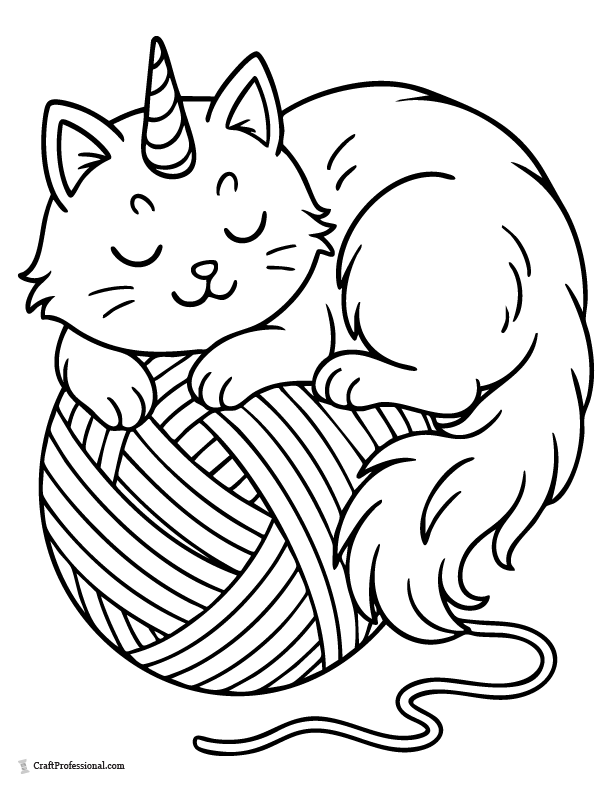Sleeping caticorn coloring page of a unicorn-horned cat curled in a nest of yarn. Sleeping caticorn coloring page of a unicorn-horned cat curled in a nest of yarn.