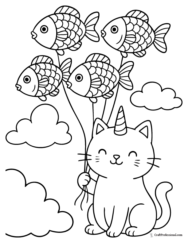 Caticorn coloring page holding whimsical fish-shaped balloons in the air.