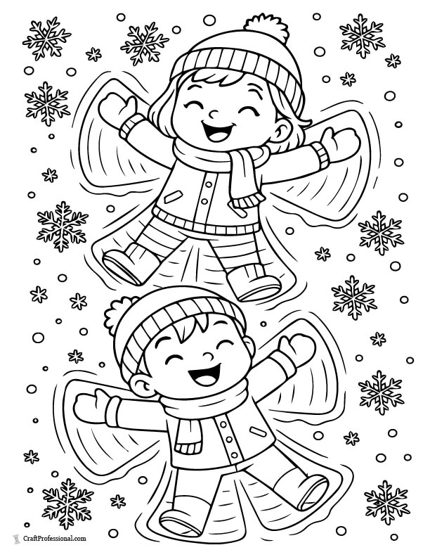 Cartoon kids making snow angels coloring page