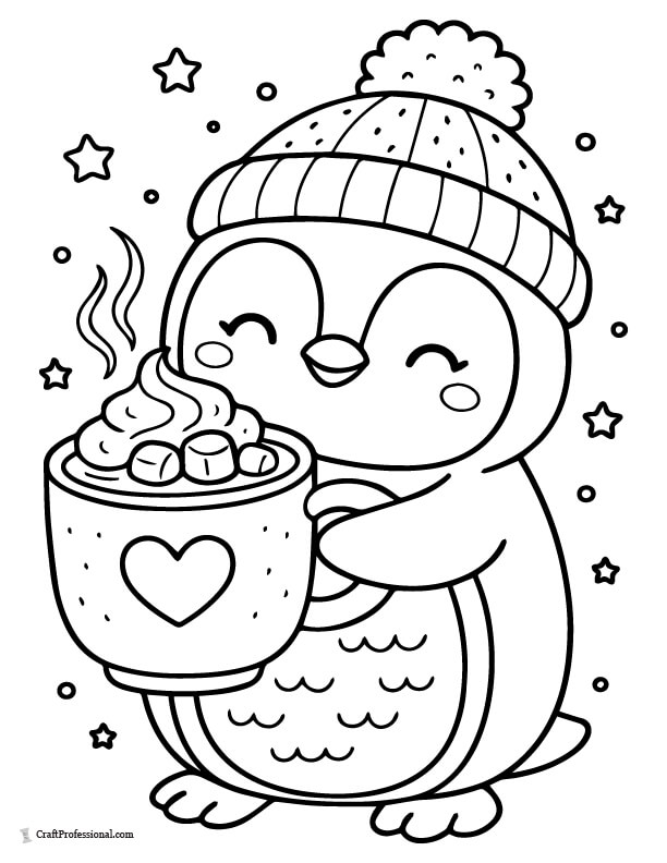 Kawaii penguin with a hot chocolate coloring page