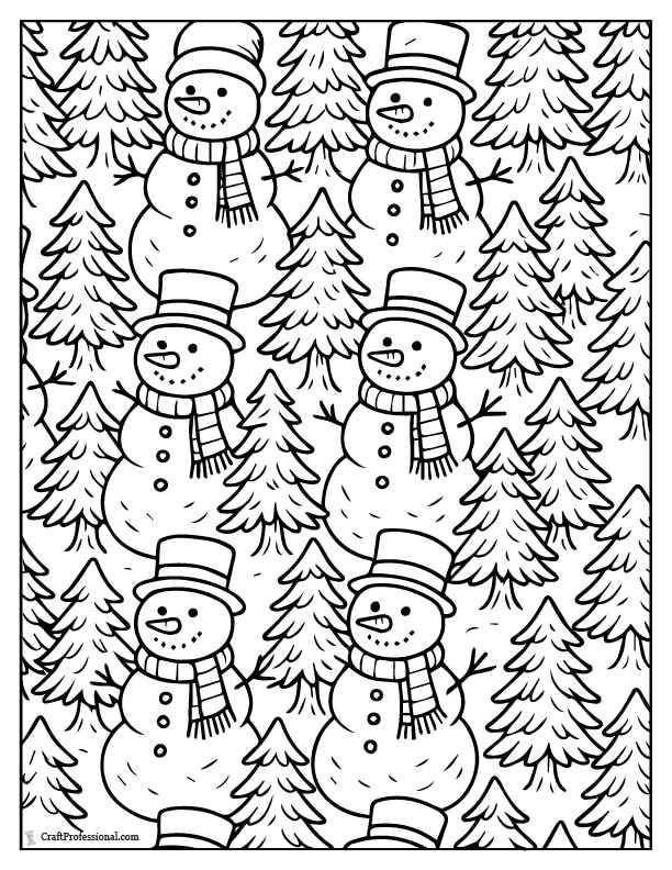 Repeating pattern of snowmen and trees coloring page