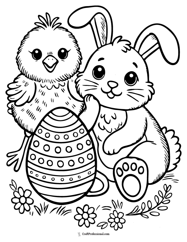 Chick and bunny with an Easter egg coloring page