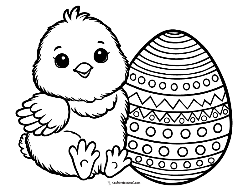 Baby chick sitting beside an Easter egg coloring page